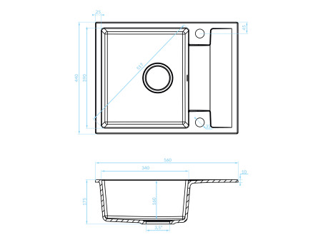 Granitspüle 1-Becken in Grau RAB 56x44 mit kurzer Ablaufplatte | Siphon im SET!
