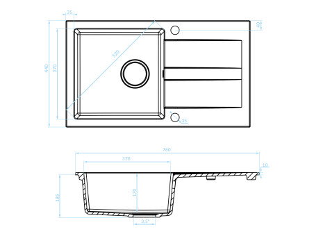 Granitspüle 1-Becken in Grau SHIRE 76x44 mit Ablaufplatte | Siphon im SET!