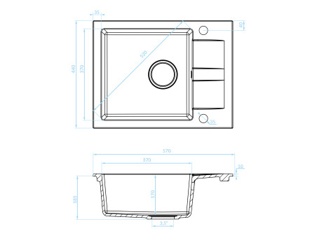 Granitspüle 1-Becken in Grau SHIRE 56x44 mit kurzer Ablaufplatte | Siphon im SET!