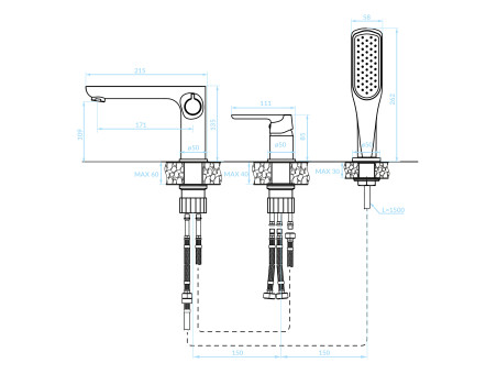 Badewannenarmatur in Schwarz 3-Loch DIMA Badarmatur Wannenbatterie