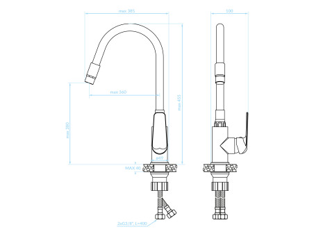 Küchenarmatur in Chrom-Grau ELZA Wasserhahn Küchenmischer mit flexiblen 2-Funktionen Auslauf