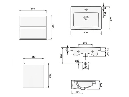 Badmöbel Set CREA 60 Waschbecken-Unterschrank mit Hochschrank 140x40x25, 2-Türen, Grau Matt