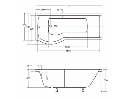 Badewanne Rechteck Inspiro 170x70 Links mit Glasabtrennung | Ablauf Viega & Füße GRATIS !