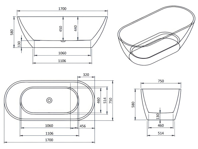 Freistehende Badewanne ASGER 170x75 +...