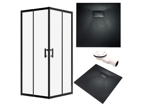 SET: Duschwanne VIDAR & Duschkabine Viereck HELA 90x90 190 cm Nano Glas 6 mm, SMC Stein-Effekt Schwarz inkl. Siphon