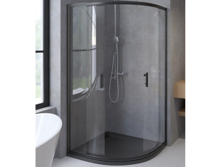 SET: Duschwanne VIDAR & Duschkabine Halbrund HELA 90x90 190 cm Nano Glas 6 mm, SMC Stein-Effekt Schwarz inkl. Siphon