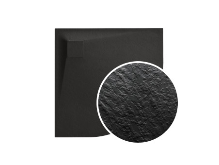 SET: Duschwanne VIDAR & Duschkabine Halbrund HELA 90x90 190 cm Nano Glas 6 mm, SMC Stein-Effekt Schwarz inkl. Siphon