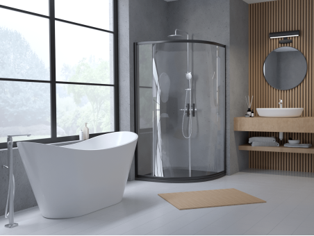 SET: Duschwanne VIDAR & Duschkabine Halbrund HELA 90x90 190 cm Nano Glas 6 mm, SMC Stein-Effekt Schwarz inkl. Siphon