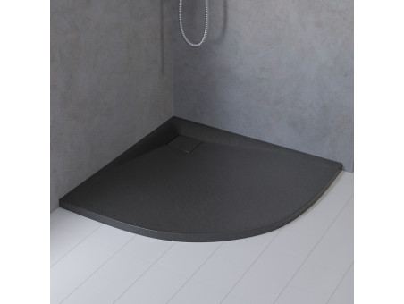 SET: Duschwanne VIDAR & Duschkabine Halbrund HELA 90x90 190 cm Nano Glas 6 mm, SMC Stein-Effekt Schwarz inkl. Siphon