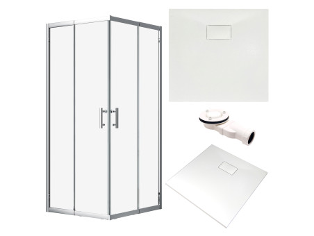SET: Duschwanne VIDAR & Duschkabine Viereck HELA 90x90 190 cm Nano Glas 6 mm, SMC Stein-Effekt  Weiß inkl. Siphon