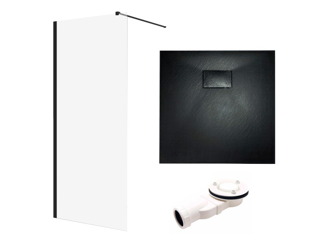 SET: Duschwanne VIDAR & Walk-In Dusche KETIL 80x80 195 cm Nano Glas 6 mm, SMC Stein-Effekt Schwarz inkl. Siphon