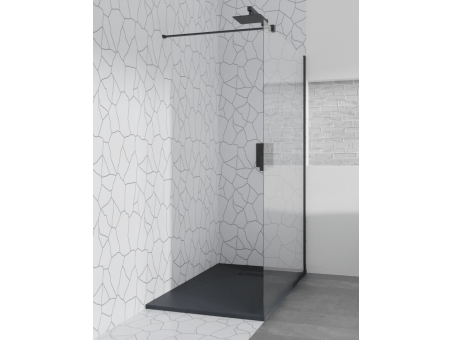 SET: Duschwanne VIDAR & Walk-In Dusche KETIL 90x90 195 cm Nano Glas 6 mm, SMC Stein-Effekt Schwarz inkl. Siphon