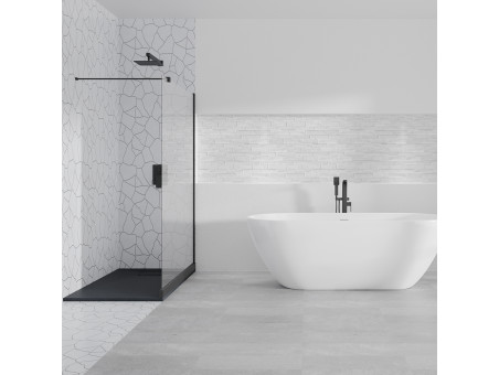 SET: Duschwanne VIDAR & Walk-In Dusche KETIL 90x90 195 cm Nano Glas 6 mm, SMC Stein-Effekt Schwarz inkl. Siphon