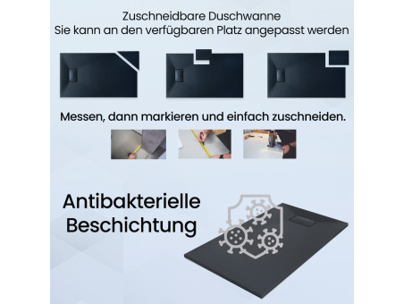 SET: Duschwanne VIDAR & Walk-In Dusche KETIL 90x90 195 cm Nano Glas 6 mm, SMC Stein-Effekt Schwarz inkl. Siphon
