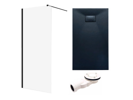 SET: Duschwanne VIDAR & Walk-In Dusche KETIL 160x90 195 cm Nano Glas 6 mm, SMC Stein-Effekt Schwarz inkl. Siphon