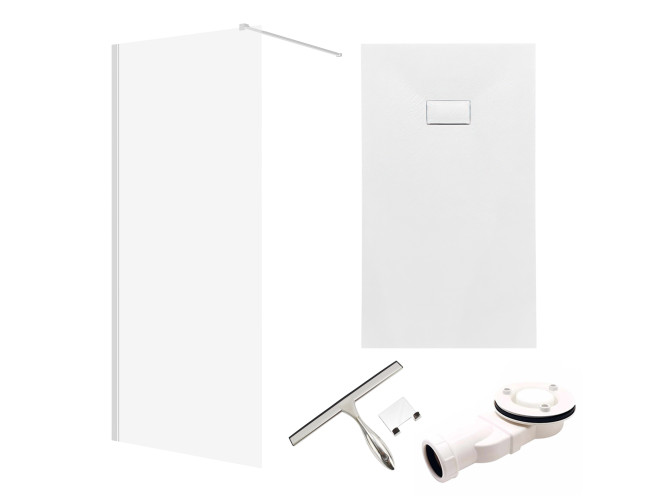 SET: Duschwanne VIDAR & Walk-In Dusche KETIL 120x80 195 cm Nano Glas 6 mm, SMC Stein-Effekt Weiß inkl. Siphon + Badwischer