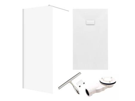 SET: Duschwanne VIDAR & Walk-In Dusche KETIL 180x90 195 cm Nano Glas 6 mm, SMC Stein-Effekt Weiß inkl. Siphon + Badwischer