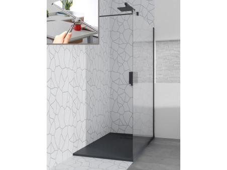 SET: Duschwanne VIDAR & Walk-In Dusche KETIL 80x80 195 cm Nano Glas 6 mm, SMC Stein-Effekt Schwarz inkl. Siphon + Badwischer