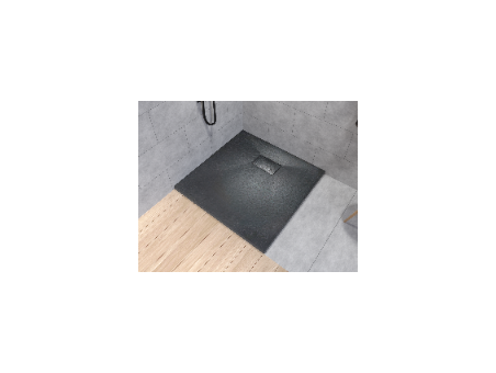 SET: Duschwanne VIDAR & Walk-In Dusche KETIL 80x80 195 cm Nano Glas 6 mm, SMC Stein-Effekt Schwarz inkl. Siphon + Badwischer