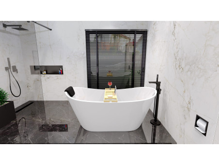 Freistehende Badewanne ROSSA 170x80 + Wannenkissen + Bambus Ablage | Ablauf Klick-Klack im SET!