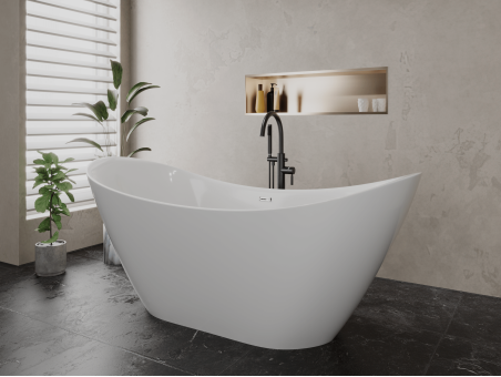 Freistehende Badewanne IVAR 180x80 + 2x Wannenkissen + Bambus Ablage | Ablauf Viega Klick-Klack im SET!