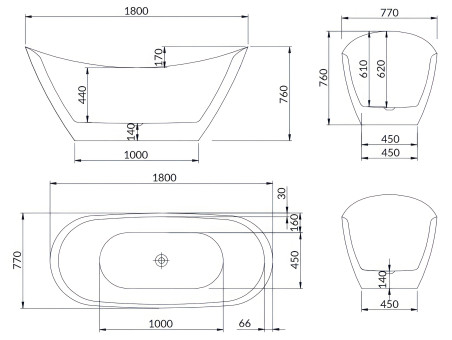 Freistehende Badewanne IVAR 180x80 + 2x Wannenkissen + Bambus Ablage | Ablauf Viega Klick-Klack im SET!