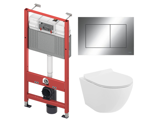 WC SET: Vorwandelement TECEbase + Toilette Rolo Weiß + Schallschutzmatte + Betätigungsplatte in Chrom