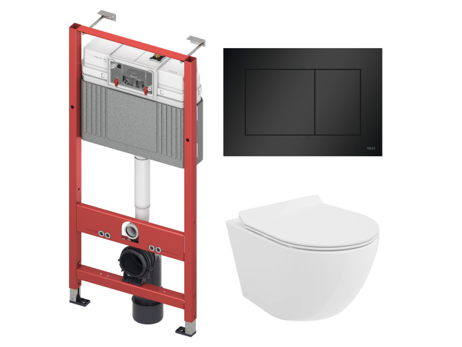 WC SET: Vorwandelement TECEbase + Toilette Rolo Weiß + Schallschutzmatte + Betätigungsplatte in Schwarz