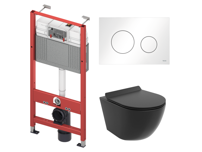 WC SET: Vorwandelement TECEbase + Toilette Rolo Schwarz + Schallschutzmatte + Betätigungsplatte in Weiß