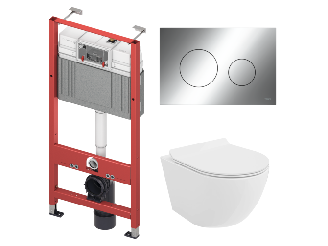 WC SET: Vorwandelement TECEbase + Toilette Rolo Weiß + Schallschutzmatte + Betätigungsplatte in Chrom