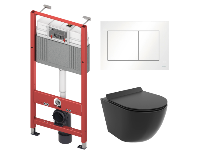 WC SET: Vorwandelement TECEbase + Toilette Rolo Schwarz + Schallschutzmatte + Betätigungsplatte in Weiß