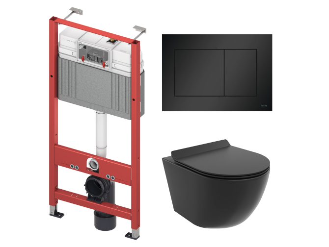 WC SET: Vorwandelement TECEbase + Toilette Rolo Schwarz + Schallschutzmatte + Betätigungsplatte in Schwarz