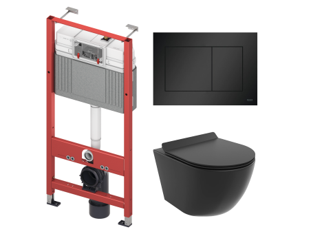 WC SET: Vorwandelement TECEbase + Toilette Rolo Schwarz + Schallschutzmatte + Betätigungsplatte in Schwarz