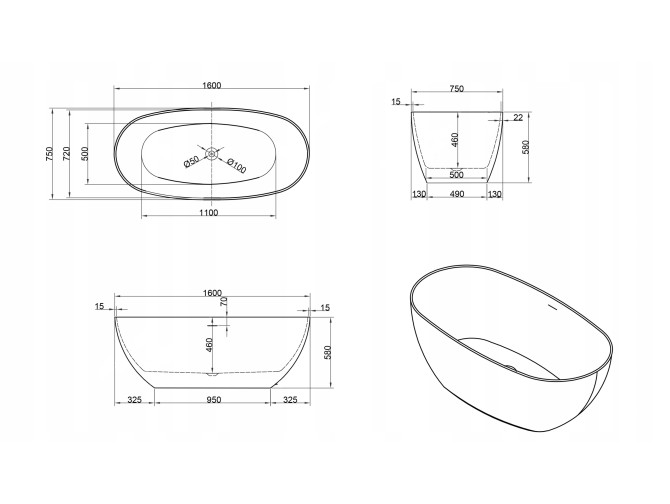 Freistehende Badewanne ULF 170x75 |...