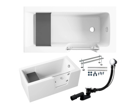Freistehende Seniorenbadewanne mit Tür und Sitz AVO 140x70 Rechts mit AcrylSchürze | Ablauf & Füße im SET!