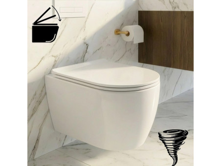 WC-Toilette Virvel: Schüssel Weiß mit Klosettsitz Slim Soft-Close Tornado System