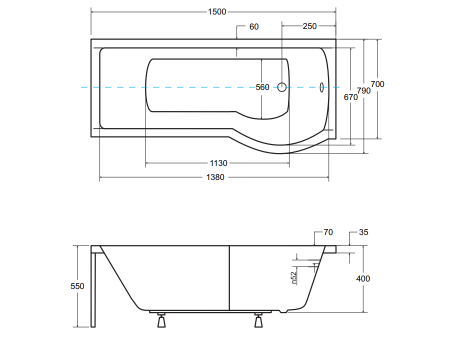 Badewanne Rechteck Inspiro 150x70 Rechts mit Glasabtrennung | Ablauf Viega & Füße GRATIS !