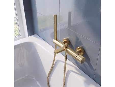 EVERSAN Wannenarmatur Premium in Gold gebürstet – LOKE aus Messing Handbrause und Schlauch 150 cm inklusive