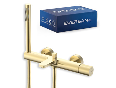 EVERSAN Wannenarmatur Premium in Gold gebürstet – LOKE aus Messing Handbrause und Schlauch 150 cm inklusive