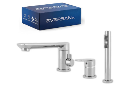 EVERSAN 3-Loch-Wannenrandarmatur Premium in Chrom – LOKE aus Messing Handbrause und Schlauch 150 cm inklusive