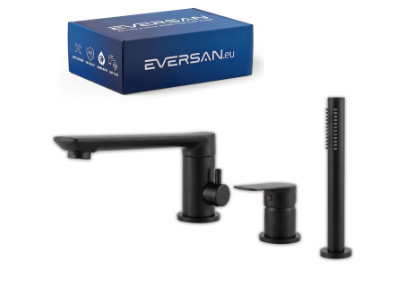 EVERSAN 3-Loch-Wannenrandarmatur Premium in Schwarz – LOKE aus Messing Handbrause und Schlauch 150 cm inklusive