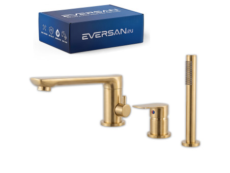 EVERSAN 3-Loch-Wannenrandarmatur Premium in Gold gebürstet – LOKE aus Messing Handbrause und Schlauch 150 cm inklusive