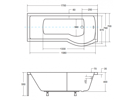 Badewanne Rechteck Inspiro 170x70 Rechts mit Glasabtrennung | Ablauf Viega & Füße GRATIS !