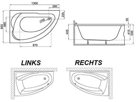Badewanne Eckwanne STANDARDO 130x85 Links | Ablauf Viega & Füße GRATIS !