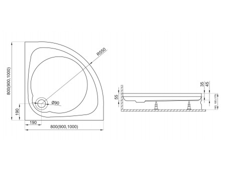 Duschwanne Halbrund Neuer Stil 80x80x5 | Ablaufgarnitur & Füße im SET!