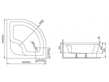 Duschwanne Halbrund Pako 90x90x24 | Ablaufgarnitur & Füße im SET!