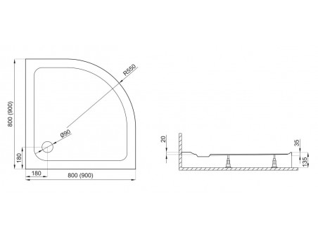 Duschwanne Halbrund STANDARDO 80x80x2 | Ablaufgarnitur & Füße im SET!