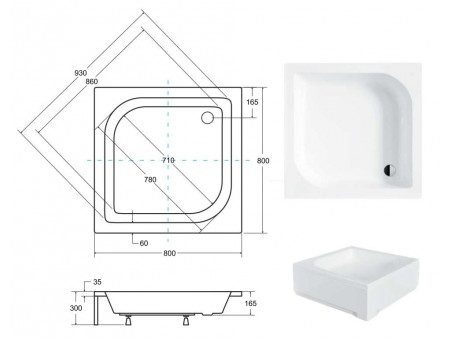 Duschwanne Viereck Ares 80x80 | Ablaufgarnitur & Füße im SET !