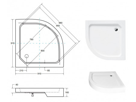 Duschwanne Halbrund Alexo 90x90 | Ablaufgarnitur & Füße im SET!