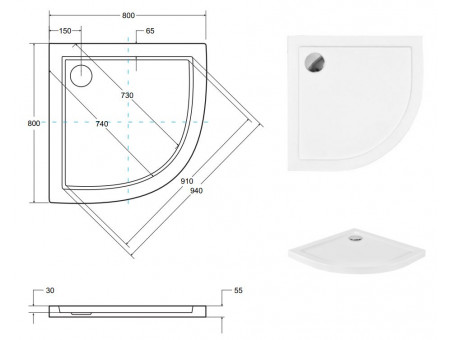 Duschwanne Halbrund Aron 80x80 | Ablaufgarnitur im SET!